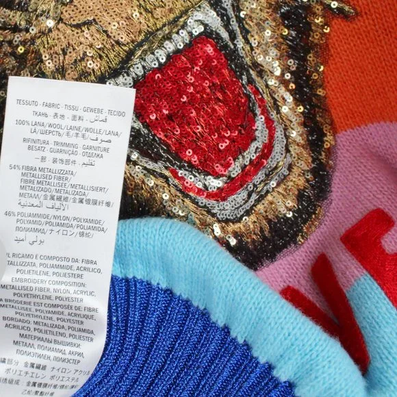 NWT Gucci Stripe Sequin Embroidered Wool Sweater, Small, Tiger “Loved” Appliqué - Picture 13 of 16